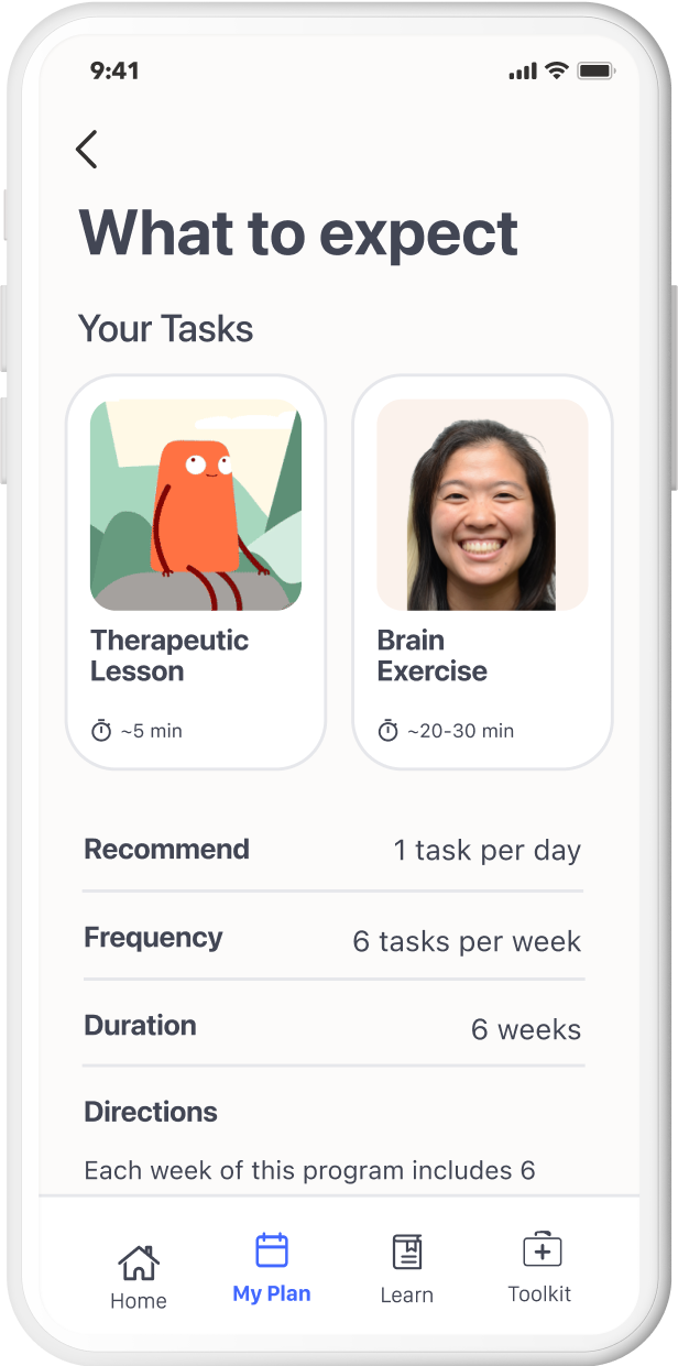 Sample screen of the Rejoyn app. The on-screen text displays "What to expect" and "Your tasks". The Rejoyn character is on the left with the text "Therapeutic Lesson". The right has an image of a smiling person with the text "Brain Exercise".