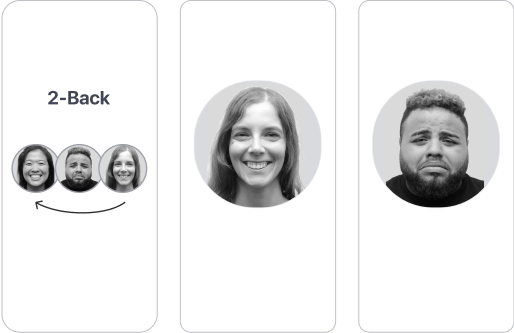 3 simplified phone screens showing a CET memory task with photos of people showing different emotions on their faces