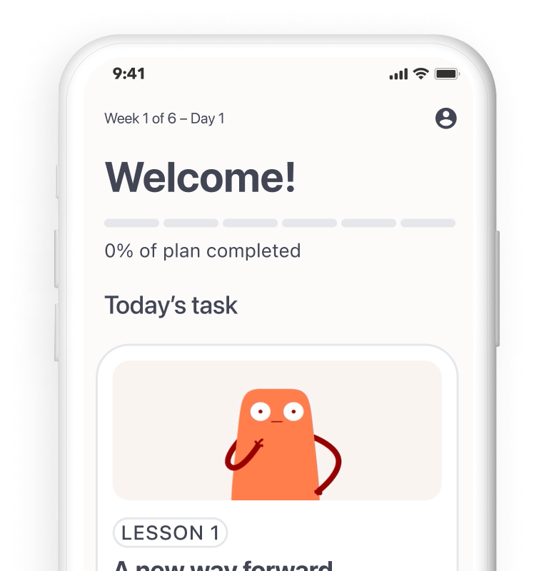 Sample screen of the Rejoyn app. The on-screen text displays "Welcome" and "Today's Task" with "Lesson 1" displayed under the Rejoyn character.