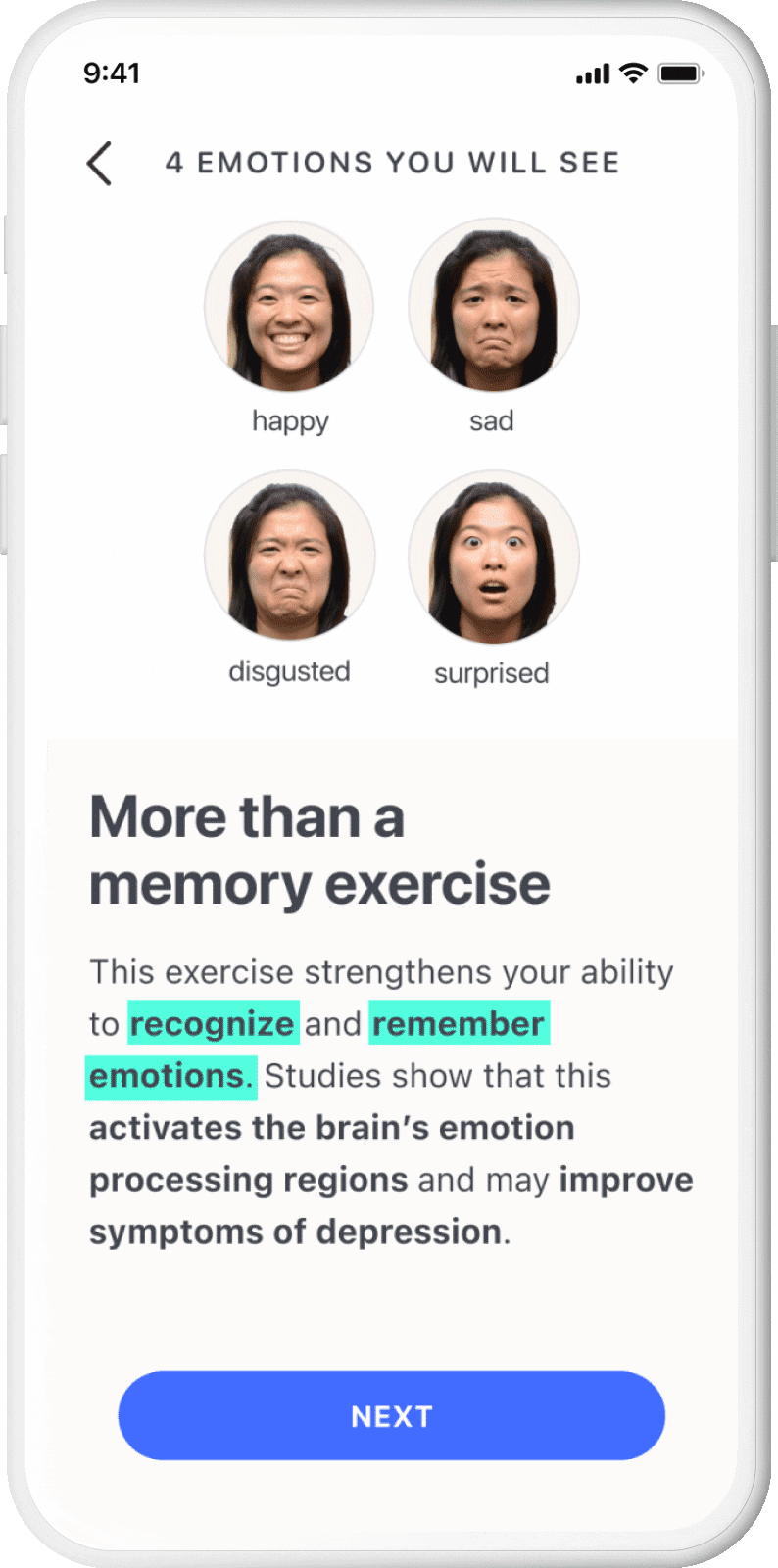 GIF of various brain-training exercise screens from the Rejoyn app